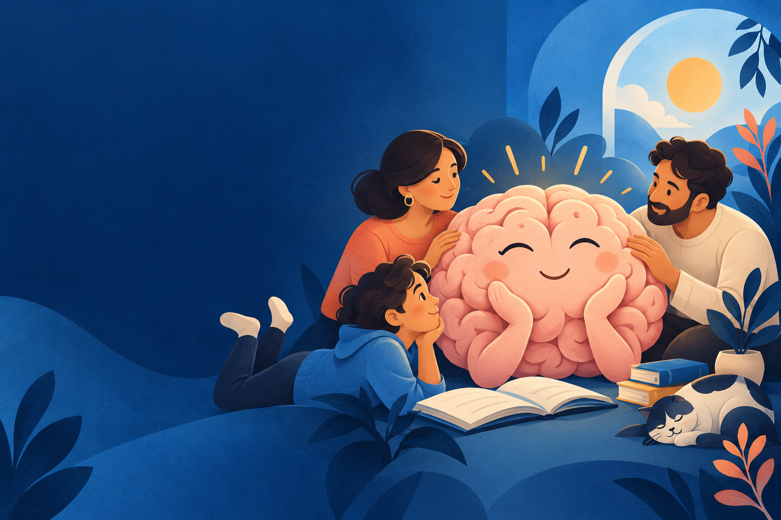 Una familia aprendiendo junto a un cerebro amable entre libros